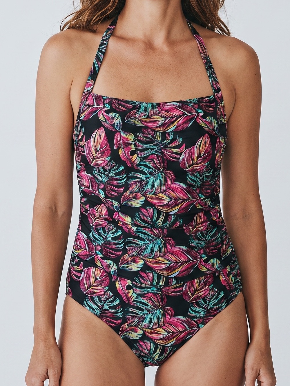 Halter Tropical Leaf One-Piece Swimsuit in Black and Pink